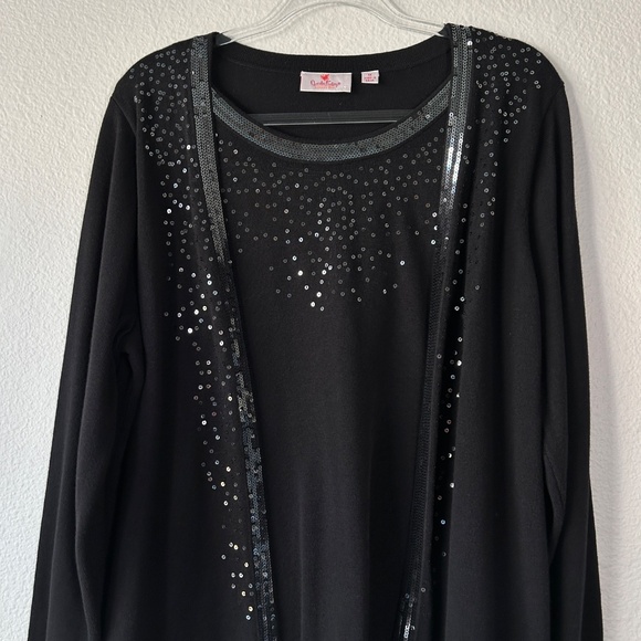 Quacker Factory plus size 1X tank cardigan duet black sequin trim cotton blend - Picture 2 of 11
